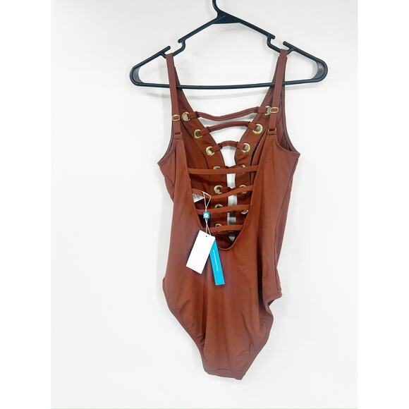 Bleu Rod Beattie Hole In One Plunge Strappy Lace Up Pecan One Piece Swimsuit NWT - Picture 3 of 8